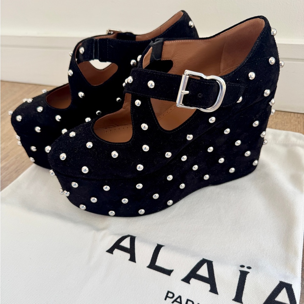 Alaia Crisscrossed studded suede wedge heels
